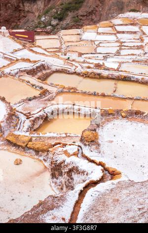 Blick auf die historischen Salzminen von Maras mit terrassenförmigen Salzsiedelteichen, Steinmauern und mineralreichem Wasser in Cusco, Cusco, Peru. Stockfoto