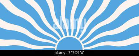 Blauer grooviger Boho-Sonnenstrahl-Hintergrund. Retro radialer Sonnenstrahl-Hintergrund. Abstrakte Sommerwellige Strahlen-Tapete. Sonnenaufgangs- oder Sonnenuntergangs-Muster für kreatives Poster, lebendiges Banner, trendiges Flyer. Vektor Stock Vektor