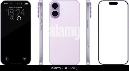 Detailliertes rosa Mobiltelefon-Modell. Vorder-, Rück- und Seitenansicht isoliert auf transparentem Hintergrund. Vektor-PNG Stock Vektor