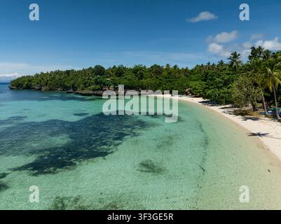 Klares türkisfarbenes Meerwasser, das an einen sandigen tropischen Strand spült, der mit Palmen gesäumt ist. Batson Beach. Camotes, Philippinen. Stockfoto