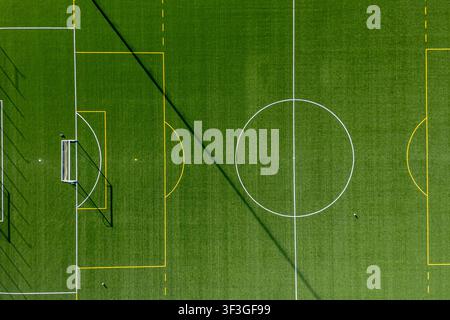 Luftaufnahme von oben eines professionellen Fußballplatzrasens Stockfoto
