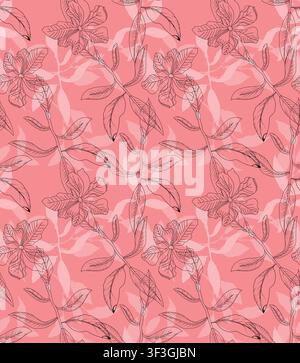 Minimalistisches florales botanisches Muster mit zarter Linienkunst auf zartem Rosa Stock Vektor