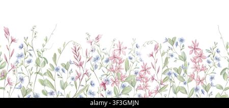 Aquarell wilde rosa und blaue Blumen nahtloses botanisches Muster. Frühlingswiesenpflanzen florale wiederholte Bordüre auf isoliertem Hintergrund. Stockfoto