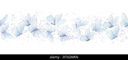 Aquarell-Schmetterlinge nahtlose Bordüre in Hellblau. Zarte fliegende Insekten und Farbspritzer-Illustration auf isoliertem Hintergrund. Stockfoto