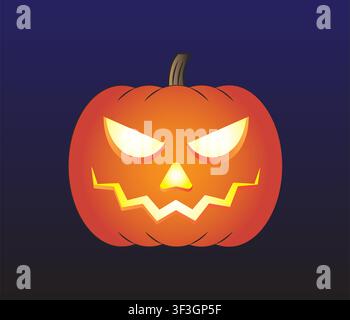 Eine orange leuchtende Halloween-Jack-O-Laterne-Kürbislaterne mit einem gruseligen Gesicht auf einem dunkelblauen Farbverlaufshintergrund. Stock Vektor