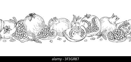 Seamless Border mit Granatapfel-Skizzen. Handgezeichnete ganze und geschnittene Früchte mit Samen und Blättern, botanische wiederholte Illustration. Stock Vektor