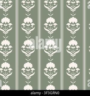 Floraler Ornament, nahtloses Muster. Vektorillustration. Silhouette von Wildblumen auf grünem Hintergrund mit Streifen. Zum Dekorieren von Textilien, Tapeten Stock Vektor