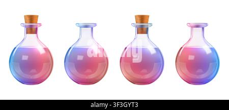 Laborblutteströhrchen, Volumen 3D-Trinkflasche. Flüssigglasflasche, Zauberbirne rpg-Spiel. Chemischer Laborbecher, mittelalterlicher Elixiertopf. Medizinische Durchstechflasche i Stock Vektor