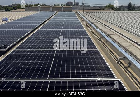 Nahaufnahme von photovoltaischen Solarpanelen, die auf einem Metalldach einer Industrieanlage installiert sind, mit Montageschienen und Erdungsbauteilen für erneuerbare Energien Stockfoto