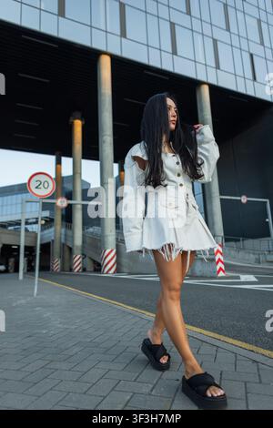 Vollständige Aufnahme einer modischen jungen asiatischen Frau mit langen schwarzen Haaren, die eine moderne Stadtstraße entlanggeht und eine stilvolle weiße Denimjacke und ausgefranste Miniröcke trägt Stockfoto
