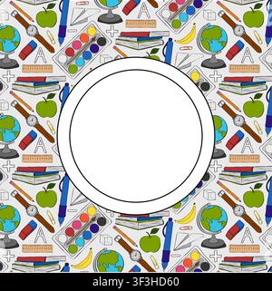 Zurück zur Schule Schulrahmen Kreis runde farbige handgezeichnete Illustration. Vektorgrafik Linien-Tinten-Kunst. Notizbücher, Farbe, Rucksäcke und Bücher für Kinder Stock Vektor
