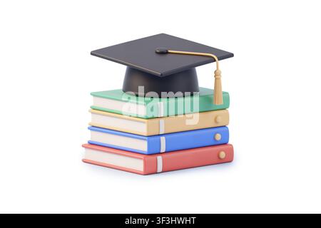 3D-Rendering eines schwarzen Abschlusskappen mit einem goldenen Quasten, der auf einem Stapel aus vier bunten Büchern ruht. Stockfoto