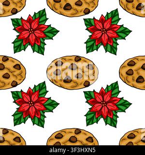 Weihnachtliches Nahtloses Muster-Vektor mit Schokoladenkeksen und roten Weihnachtssternen auf weißem Hintergrund Stock Vektor