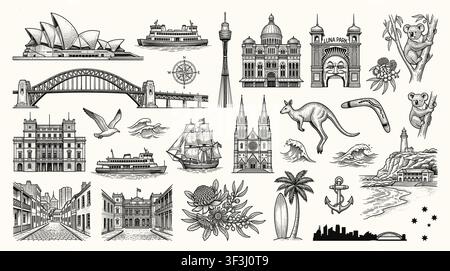 Sydney City Landmarks Silhouette Vektorsammlung. Stock Vektor