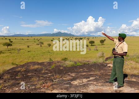 Ansicht eines Park-Rangers in Uniform, der auf einem felsigen Felsvorsprung steht und auf die weite Savannenlandschaft mit verstreuten Bäumen und fernen Bergen zeigt Stockfoto