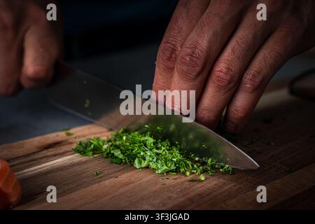 Ansicht eines Kochs, der frische grüne Kräuter auf einem Holzschneidebrett hackt, mit einem Stück rohem Lachs daneben in Tromso, Troms, Norwegen. Stockfoto