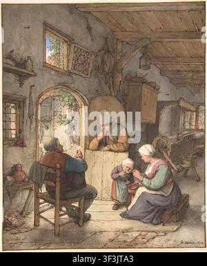 Adriaen van Ostade – Eine Bauernfamilie in einem Innenraum, 1673 Holländische Goldene-Zeitalter-Genreszene mit Stift und brauner Tinte sowie Aquarell auf Papier Stockfoto
