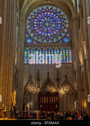 Das Buntglas des südlichen Rosettenfensters unter dem gewölbten Dach der Kathedrale Notre-Dame de Paris in Paris, Frankreich Stockfoto