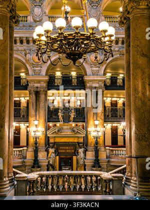 Das prächtige Innere des Palais Garnier, auch bekannt als Opéra Garnier, einem historischen Opernhaus mit 1.979 Plätzen in Paris, Frankreich Stockfoto