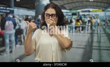 Frau mit Brille bedeckt den Mund mit der Hand und zeigt den Daumen zurück am Check-in-Bereich des Flughafens; Überraschungsangst. Stockfoto