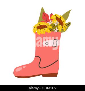 Herbstrosa Stiefel mit Sonnenblume und Herbstblättern im Cartoon-Flachstil. Niedliches Herbstvibes-Design für Grußkarten und Einladungen. Handgezeichneter Vektor i Stock Vektor