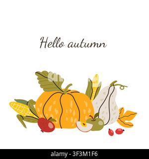 Hello Autumn Kartenvorlage. Design für Ernte oder Erntedankfest für Social Posts. Kürbisse, Apfel und Mais mit Beeren und Herbstblatt. Wagen Stock Vektor