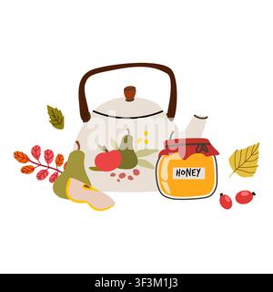 Handgezeichnete Komposition aus gemütlichen Herbstelementen. Teekanne und Honig, Birne und Herbstblätter und Beeren. Vektorillustration isoliert. Kann für Küche verwendet werden Stock Vektor