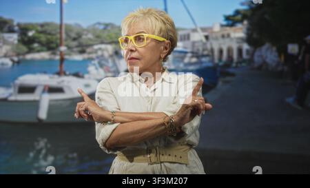 Ältere hispanische Frau mit gelber Brille und beigefarbenem Leinenkleid zeigt Zeigefinger mit gekreuzten Armen in einem Atelier mit Yachthafen-Hintergrund; feste diskrepanz Stockfoto