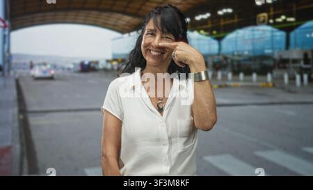 Seniorin zeigt mit dem Finger auf die Nase am Flughafen am Bordstein, lächelt und trägt eine Halskette und ein silbernes Armband; verspielte Freude. Stockfoto