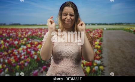Frau, die mit beiden Händen die Daumen drückt, in einem Studio vor einem Tulpenfeld-Hintergrund, lächelnd mit geschlossenen Augen; Hoffnung. Stockfoto