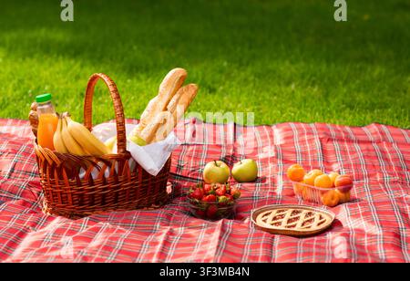 Picknickkorb mit verschiedenen Arten von Lebensmitteln auf karierte Decke im Park, Platz leer Stockfoto