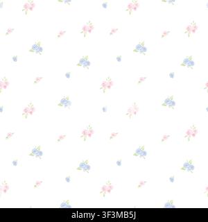 Nahtloses Aquarellmuster mit Illustration kleiner rosa und blauer Rosen auf weißem Hintergrund. Zarter floraler Hintergrund für Babytextildrucke Stockfoto