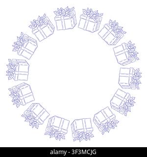 Weihnachts- und Neujahrskranz aus eleganten Geschenkboxen mit Stechpalmenblättern und Beeren. Handgezeichneter runder Feiertagsrahmen Stock Vektor