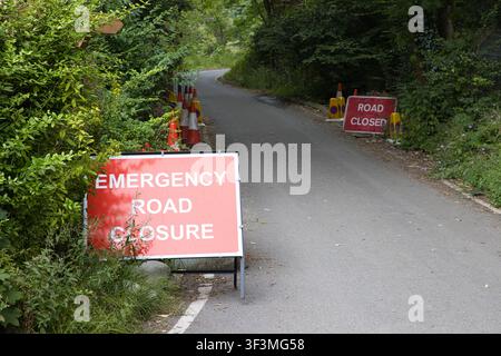 Ein Schild für eine Straßensperrung, das eine schmale, kurvenreiche Asphaltstraße blockiert, die von üppigem grünen Laubwerk und Warnkegeln gesäumt ist, auf der Dell Road, Rochdale, UK. Stockfoto