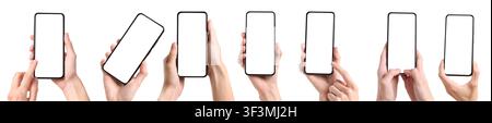 Menschen, die Smartphones mit leeren Bildschirmen auf weißem Hintergrund halten, Set Stockfoto