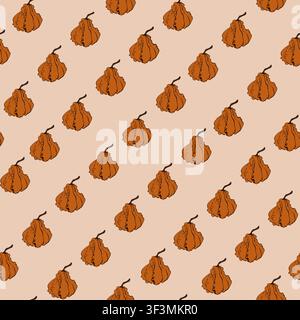 Ein nahtloses Muster mit handgezeichneten, skizzenhaften orangefarbenen Kürbissen auf einem hellbeigen Hintergrund. Ideal für Herbstdekoration und Textilien. Stockfoto
