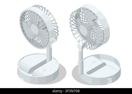 Isometrischer Desktop-Nebelventilator von zwei Ansichten gezeigt mit kompakter Wasserbasis und verstellbarem Kopf, der persönliche Kühlung, feuchte Luft, Sommerkomfort illustriert Stock Vektor