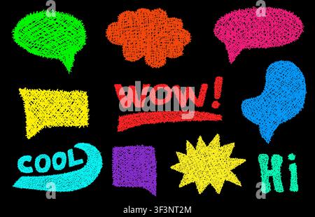 Satz von farbigen Grunge-Doodle-Handgezeichneten Textblasen und Aufklebern, isoliert auf Schwarz. Skizzenstil-Tinten-Symbole-Sammlung. Vektorillustration Stock Vektor
