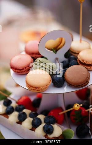 Verschiedene französische Macarons und frische Blaubeeren auf einem gestuften Dessertständer mit dekorativem Herzelement Stockfoto