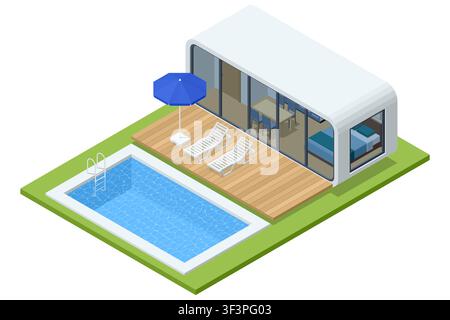 Isometrische Illustration eines modernen Kapselhauses mit Glasfassade, Holzterrasse, Schwimmbad, Liegestühlen und Sonnenschirm, das Kompaktheit darstellt Stock Vektor