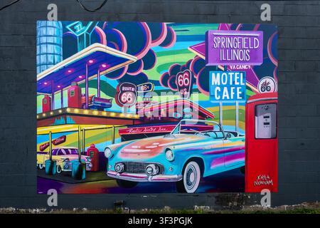An der ROUTE 66, Neon-Tankstellenmural, Springfield, Illinois. Künstlerin: Kayla Newmam Stockfoto