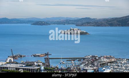 Alcatraz-Insel, Coit-Turm, San Francisco, Kalifornien. Stockfoto