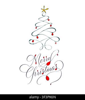 Elegante Frohe Weihnachten und Glückliches neues Jahr Kalligraphie mit einem modernen Weihnachtsbaumdesign. Handgezeichnet. Keine KI, Vektorillustration. Stock Vektor