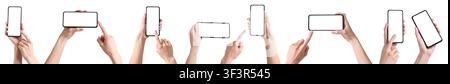Menschen, die Smartphones mit leeren Bildschirmen auf weißem Hintergrund halten, Set Stockfoto