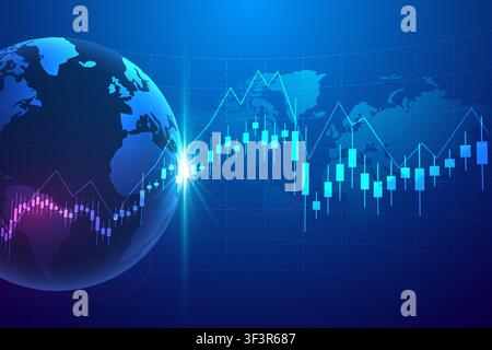Moderne Finanzillustration mit einem digitalen Weltglobus, bullischen und bärischen Kerzencharts, Marktrichtungslinien und globalem Handel Stock Vektor