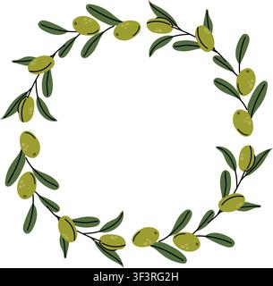Minimalistischer handgezeichneter Vektor-Rundrahmen aus grünen Olivenzweigen mit Blättern. Perfekt für organisches Olivenöl-Etikettdesign, Hochzeitskarte, lo Stock Vektor