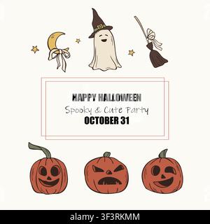 Niedliche Halloween-Party-Einladungskarten-Vorlage mit handgezeichneten Kürbissen und Geister-Vektorillustration Stock Vektor