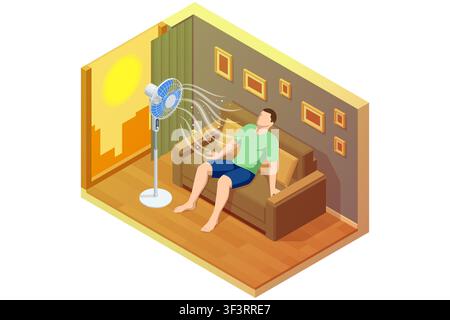 Isometrische Illustration eines Mannes, der auf einem Sofa entspannt, während ein stehender Ventilator in einem heißen Raum Luft bläst und so häusliche Kühlung, Sommerhitze und Indoor-Komfort darstellt Stock Vektor