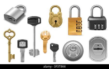 Realistische Schlüsselschlösser. Türschloss aus Metall, verschiedene Kombinationsschlösser mit silberner und goldener Autoschlüssel-Schlüsselloch-Retro-Modern-Old-Sicherheitscode-Pad, 3D-isoliert, grelle Vektorillustration, Originalgrafik Stock Vektor