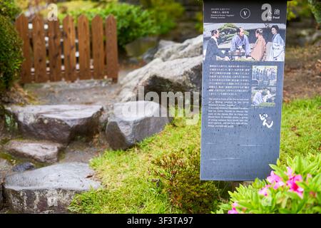 Eine traditionelle japanische Gartenszene mit nassen Trittsteinen, die über einen moosbewachsenen Bereich verteilt sind, mit einem rustikalen Holzzaun, der sichtbar ist Stockfoto